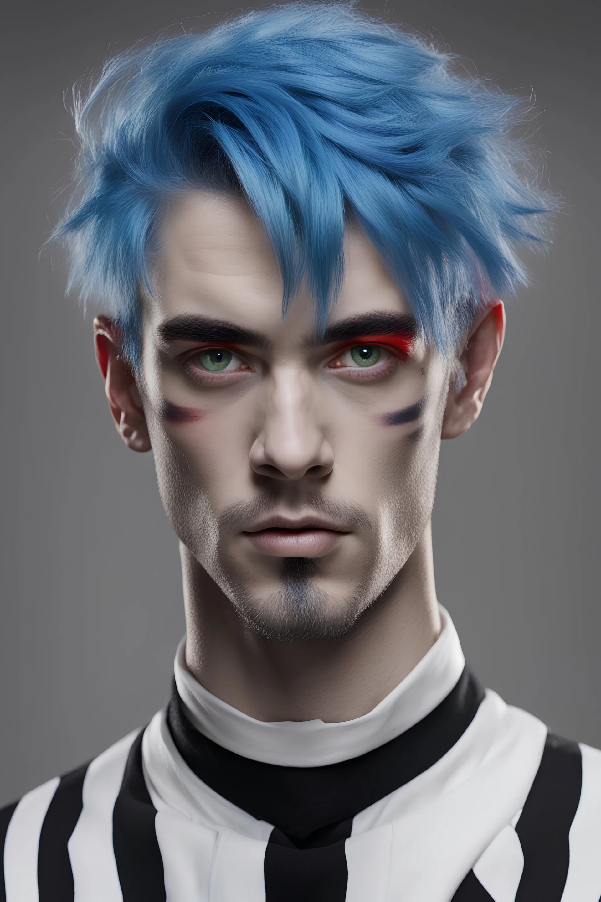 A man with blue hair with black stripes, red eye color, white skin, and no beard