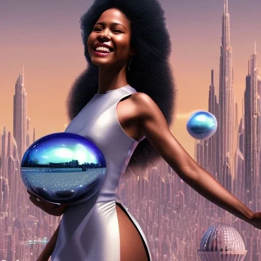 Ultra realistic photo. volumetric lighting , scientist. Young black woman, dark skin black woman. young, big smile. Joy. smiling. Afro futurism. Afro puffs. Blue hair. Ombré hair Cotton candy. Futuristic cities in background. Space. Space travel. Silver. Cities