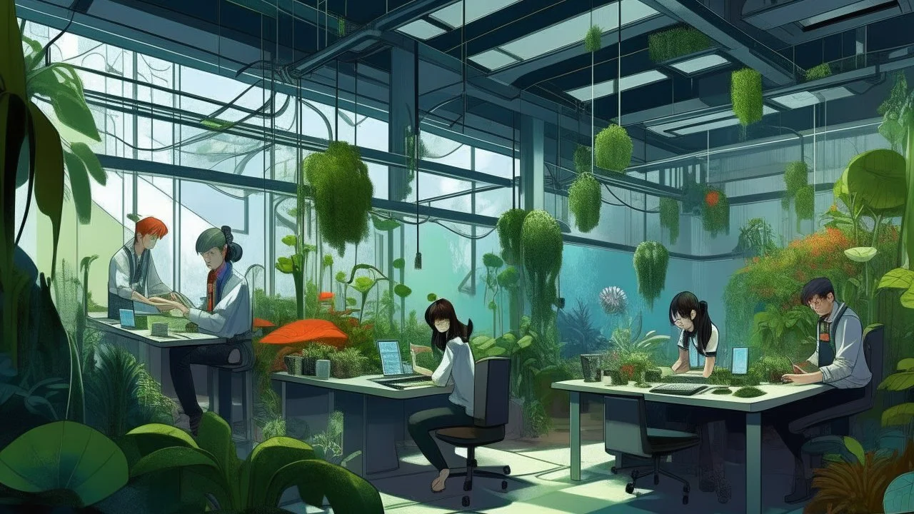 A digital painting by Kuniyoshi and Kandinsky of tech people working inside a futuristic workplace full of plants.