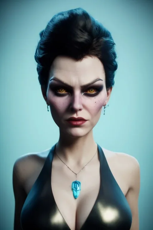 Lene Nystrøm as evil queen in black leather, busty, cleavage, voluptuous, Aqua Lene, angry, stern look. character design by cory loftis, fenghua zhong, ryohei hase, ismail inceoglu and ruan jia. unreal engine 5, artistic lighting, highly detailed, photorealistic, fantasy