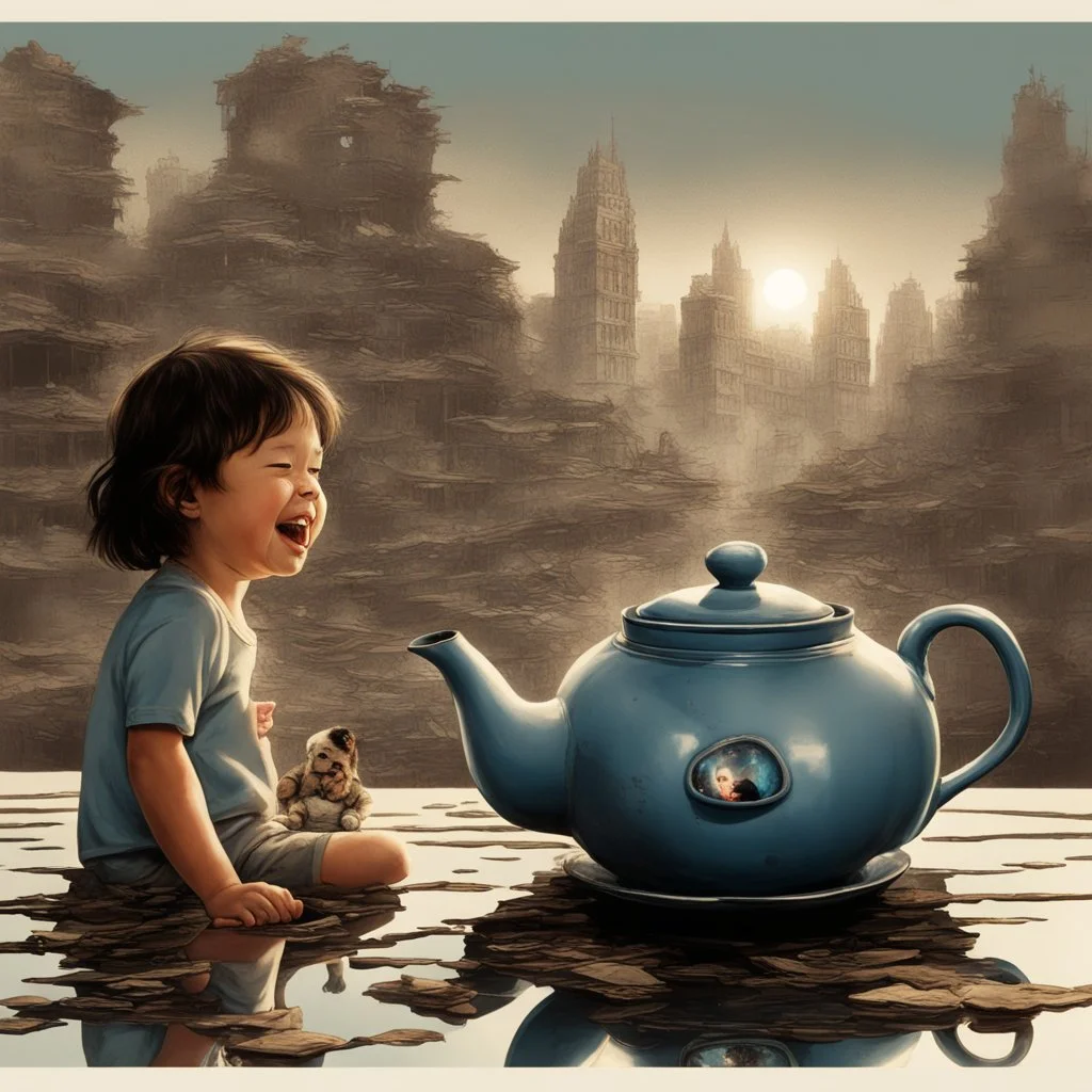 A teapot is shining and a laughing child is looking at it. The child’s image is reflected inside the teapot and behind the child is the reflection of a destroyed city.