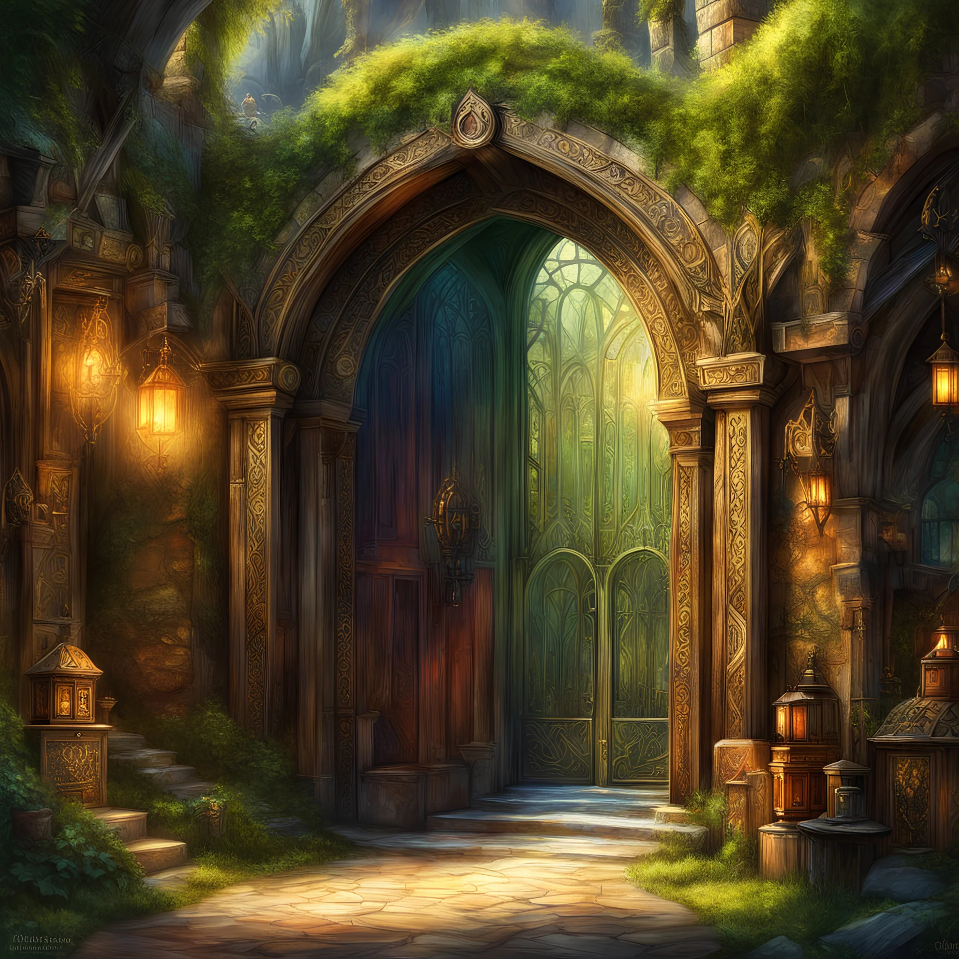 The age old entrance portal to a market for magical items. Magical, Epic. Dramatic, highly detailed, digital painting, masterpiece, lord of the rings, the hobbit