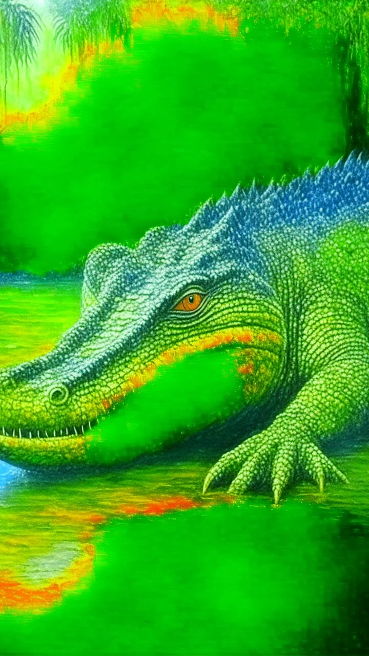 Green mystery lake, large crocodile, painting