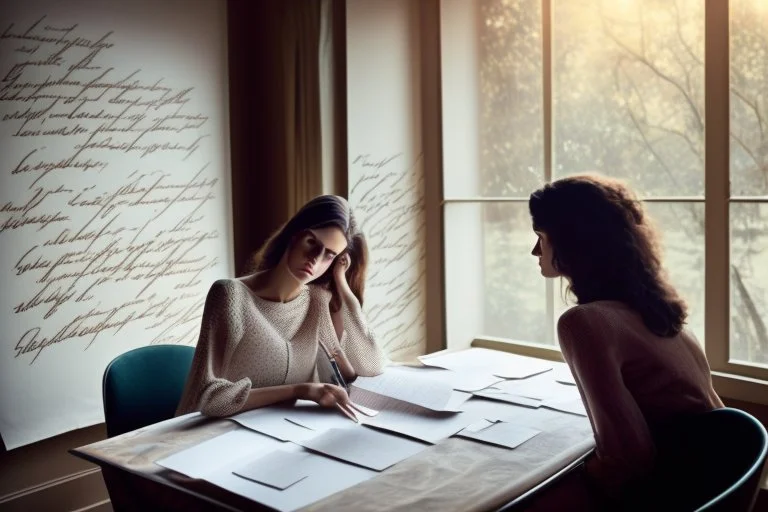 A pretty brown-haired woman sits in front of a table covered with handwritten letters, looking at them perplexedly, in an elegant room in the sunlight.