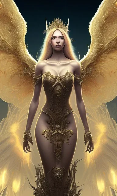 Female angel with beautiful perfect face big wings and golden crown floating above the ground in the dark enviroment, anatomically correct, michelangelo style, detailed, world of warcraft style, dark forest, trees, painting, brush strokes, 8k, dark forest in the background, epic scene, epic painting