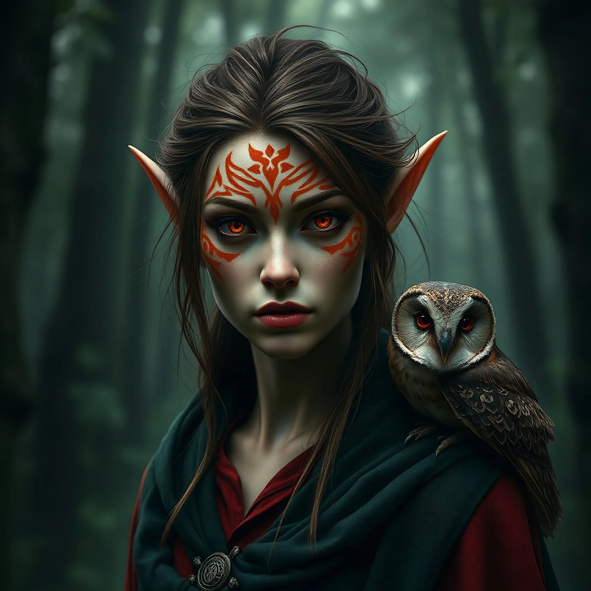 Generate a dark portrait of a female elf, shoulders showing. She is a 40 years old druid. She looks enigmatic and serious. She wears red clothes and a dark green cloak. Her hair is brown, long and messy her eyes are bright orange. She has orange tattoos that fully cover her entire forehead, eyes, nose, lips and chin like paint. She has a screech owl pet on the shoulder. forest background