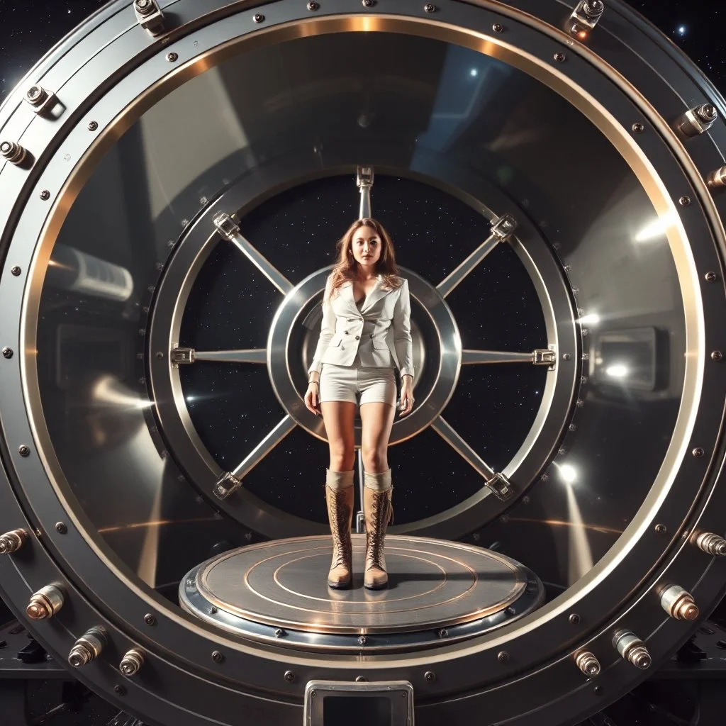 picture of a very huge real working physic based gyroscope with mirror surfaces in a inter star environment ,a very pretty lady with modern future clothing boots standing in main turning disk of gyroscope.1x1