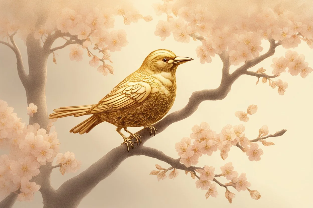 An image of a crystal bird covered in gold etching and diamonds, perched on a branch of cherry blossoms. The scene is illuminated by a soft, ethereal light, enhancing the intricate details and textures of the bird and the surroundings. The art style is detailed, realistic, and captures the magical essence of the scene, trending on ArtStation. The composition combines elements of classical elegance and modern fantasy, reminiscent of the masterful works elegant fantasy intricate high