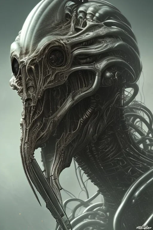 evil predator with crown, alien, brutal face, tron, head, burn eyes, 8k, finely detailed, dark light, photo realistic, hr giger, cyberpunk