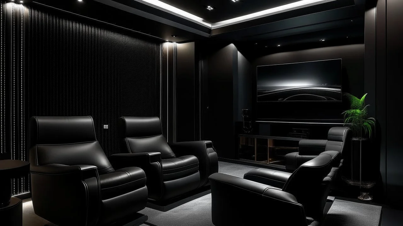 black themed home cinema room, recliners, ambient lighting, warm environment