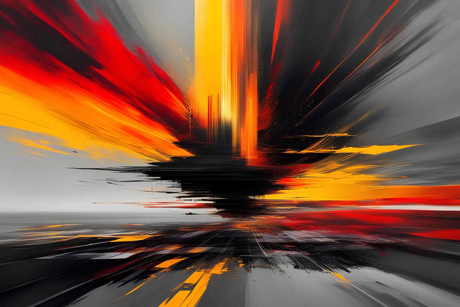 the art is glitch, it is a lie, misleading the human mind; surreal, acrylic overlay, warm yellow, gray, orange ans red colors, static noise, powerful toxic smart void, controlled chaos