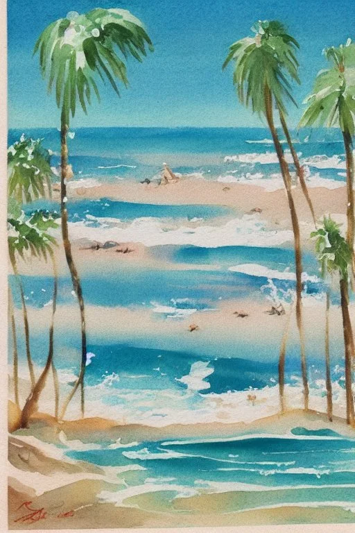 watercolor vintage summer beach scape sand sunshine ocean retro 1920s f