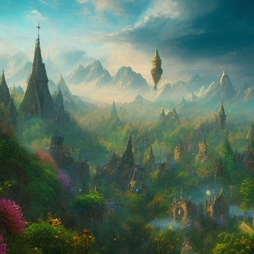 Let's create a fantasy world landscape. It should be like a starry sky and paradise with the city that has a wall around the city. Hopefully, we can incorporate trees, grass, and mountains. This is one image needed.