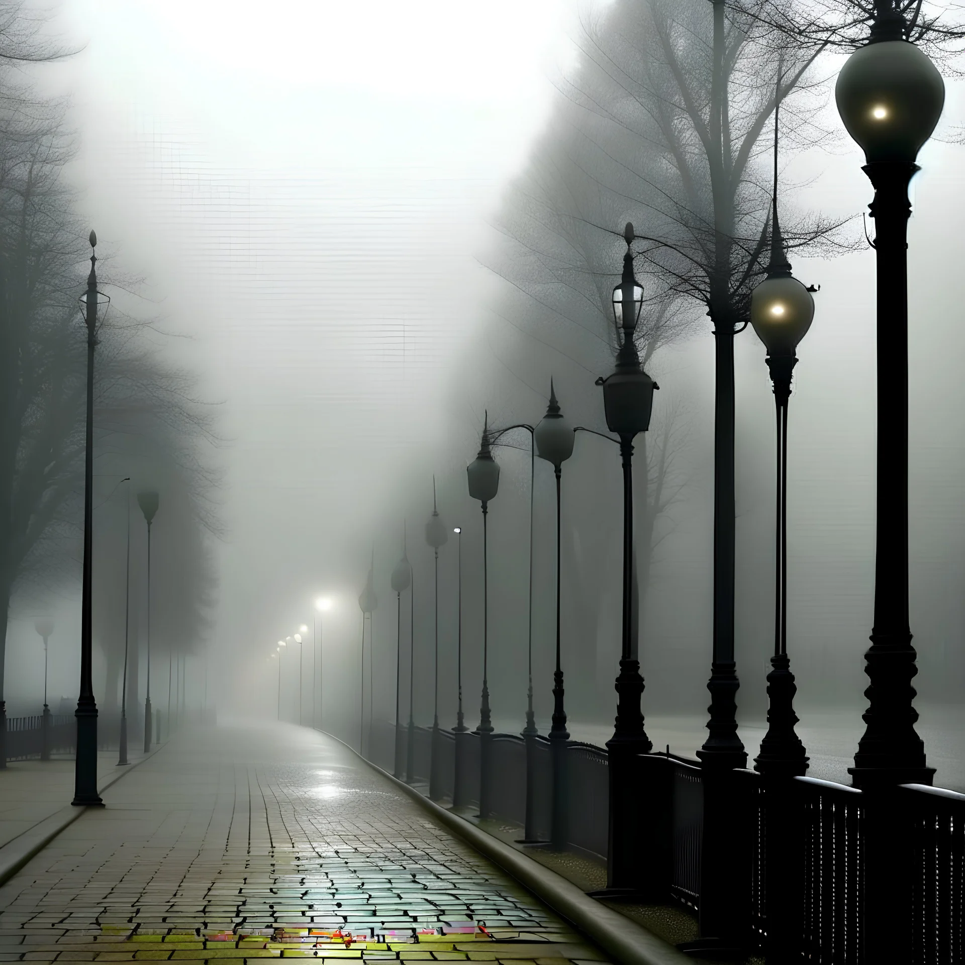 a photo of a street with several identical lampposts lined up with fog in the background