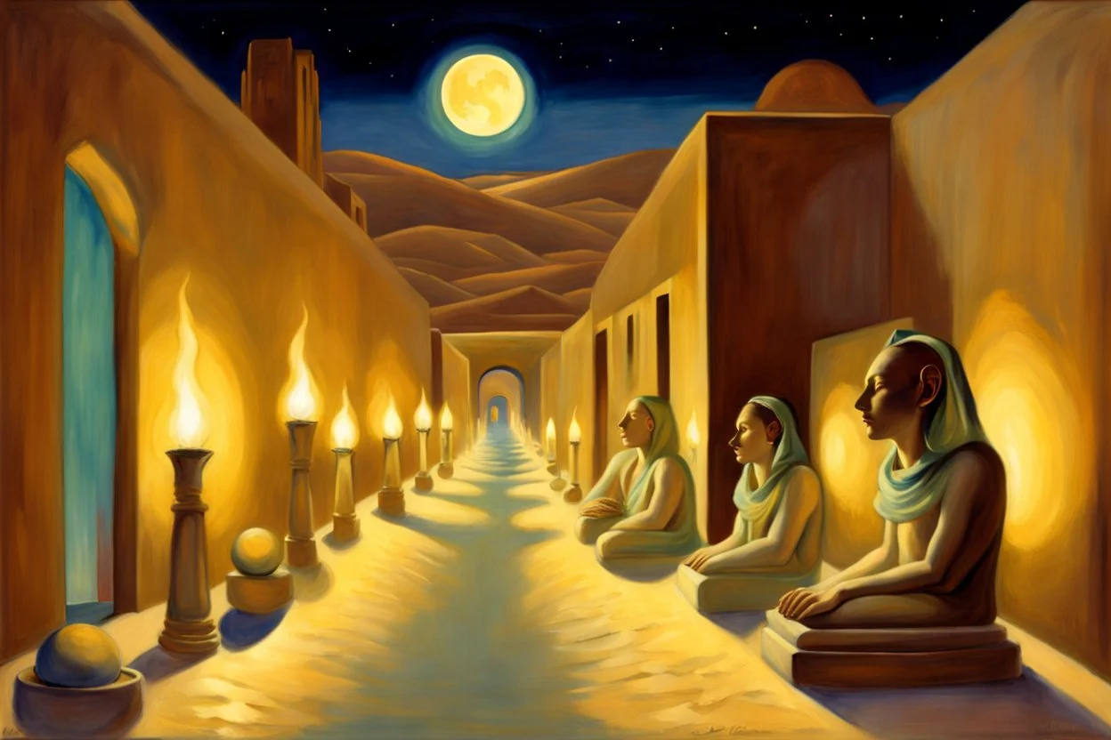 at night in an alley with noctilucent glass art sphinxes on both sides, torches, on a desert planet, perspective, centered, symmetry, vanishing point,by artist "William Merrit Chase",glass art