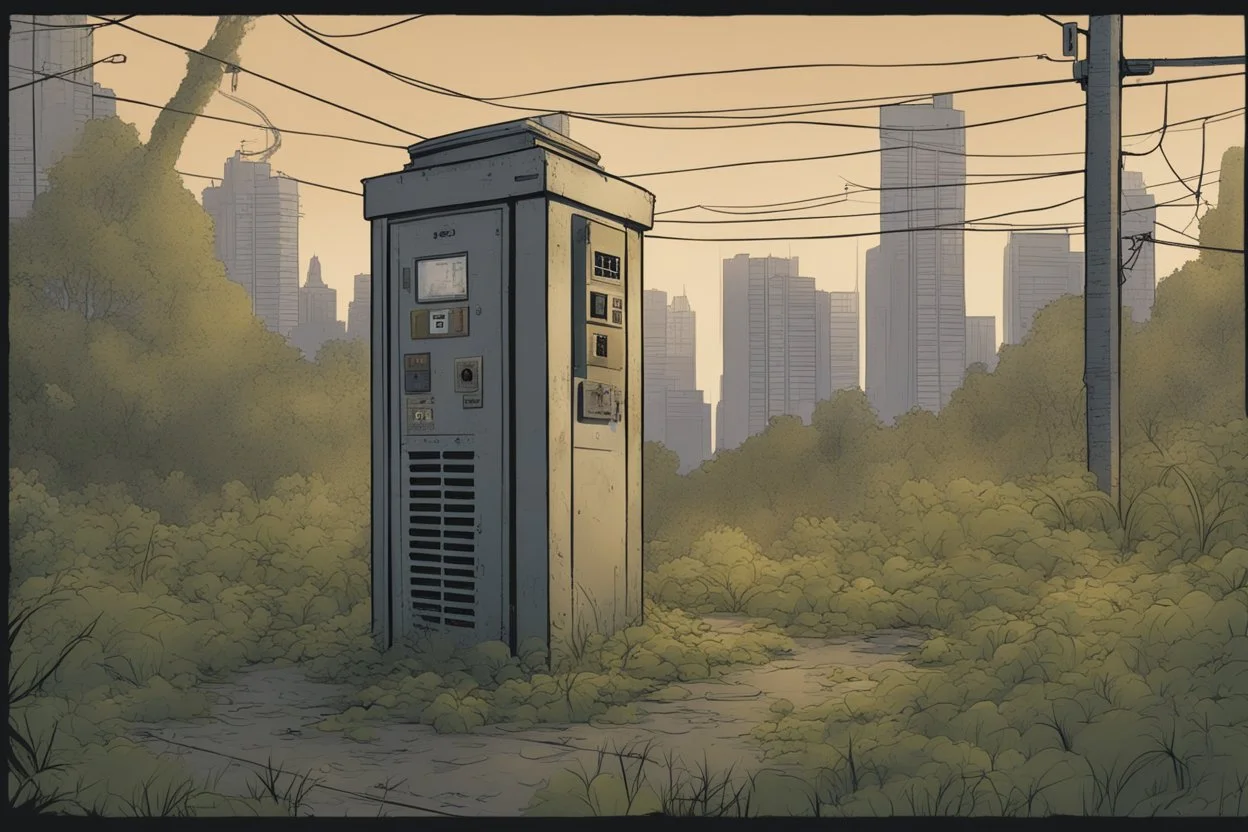 , electrical box, overgrown, post-apocalyptic, comic book, city background