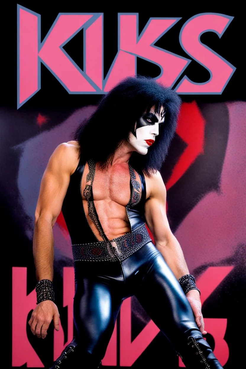 text 'KISS' - head and shoulders portrait, KISS - Paul Stanley, Black star on right eye, Chest and stomach hair, rose tattoo on right shoulder, black spandex and leather, 8-inch high platform boots, - a multicolored cement wall in the background,