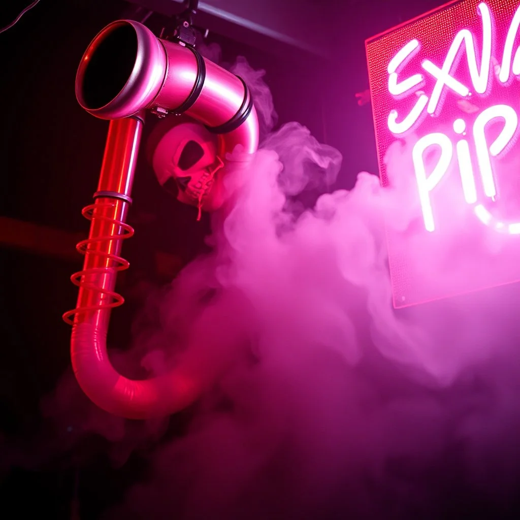 A exhaust pipe performing at dance club, his name is "exhaust pipe" and looks crazy, looks very aggressive look, Neon lights and smog, Im a "exhaust pipe" SIGN ON WALL