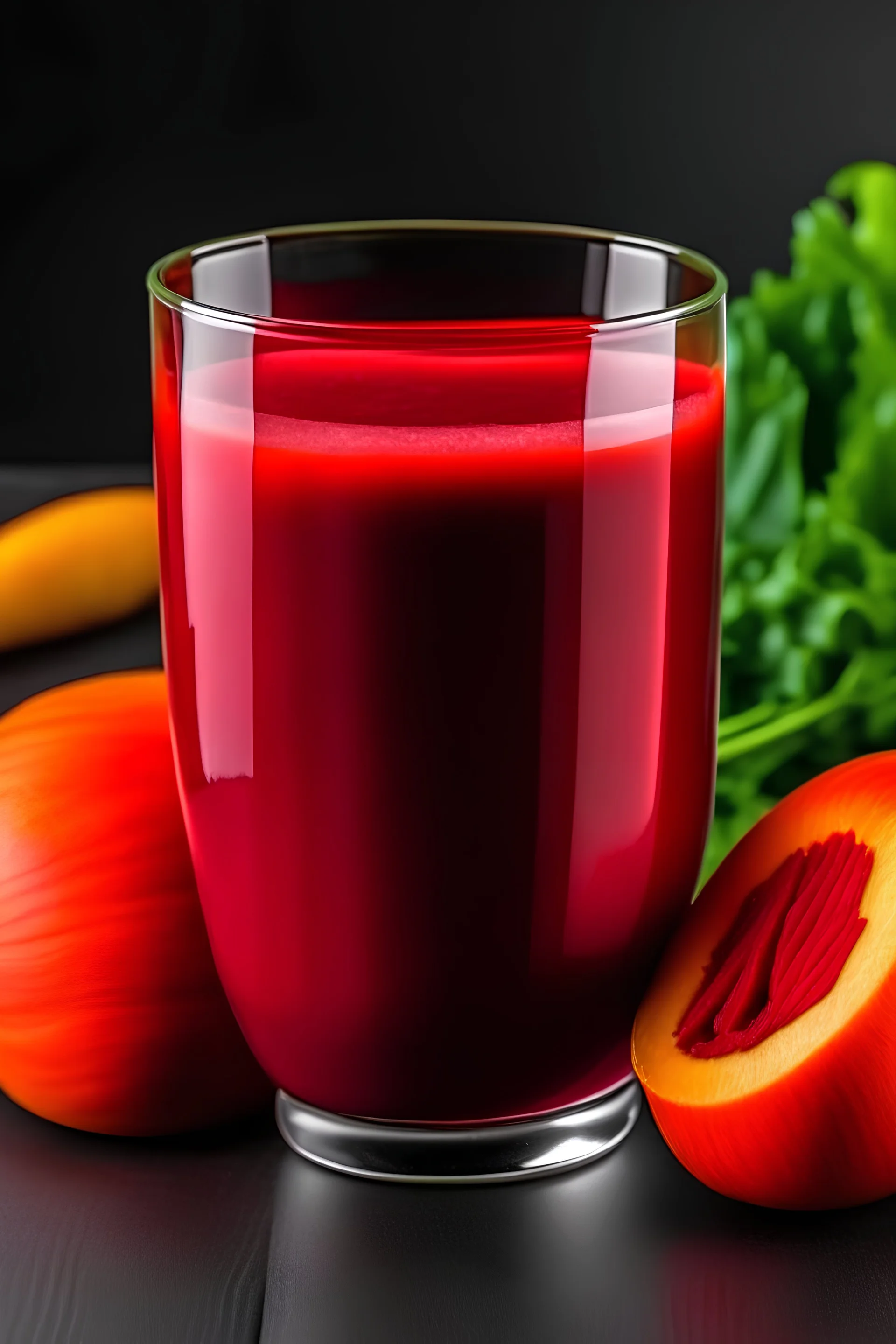 A picture of a glass filled with a vibrant red juice made from beets, carrots, and apples.