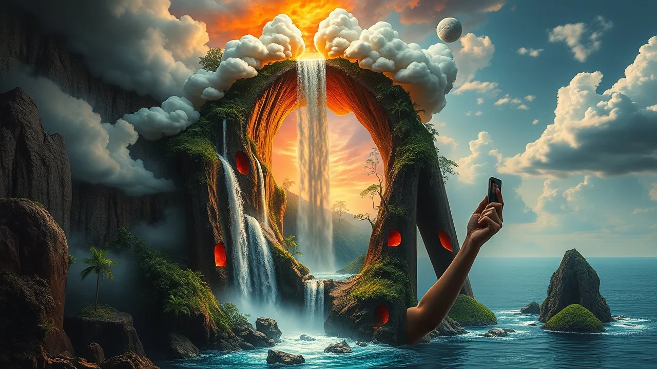 the waterfall is full of holes with various jungle flowing spiral cloud neon colorful Unique open cliff burning ripped surrealistic artwork with shiny shackled by cliff and sea island, while holding a waterfall doing pulling, the open cavity inside the body is a scene of an ancient Egyptian painting in the Gesang desert 5D diorama, with seven open panels on the revealing a forest with a thousand shadows, giving a triple exposure effect on a Balinese girl and her neck cavity, with a background in