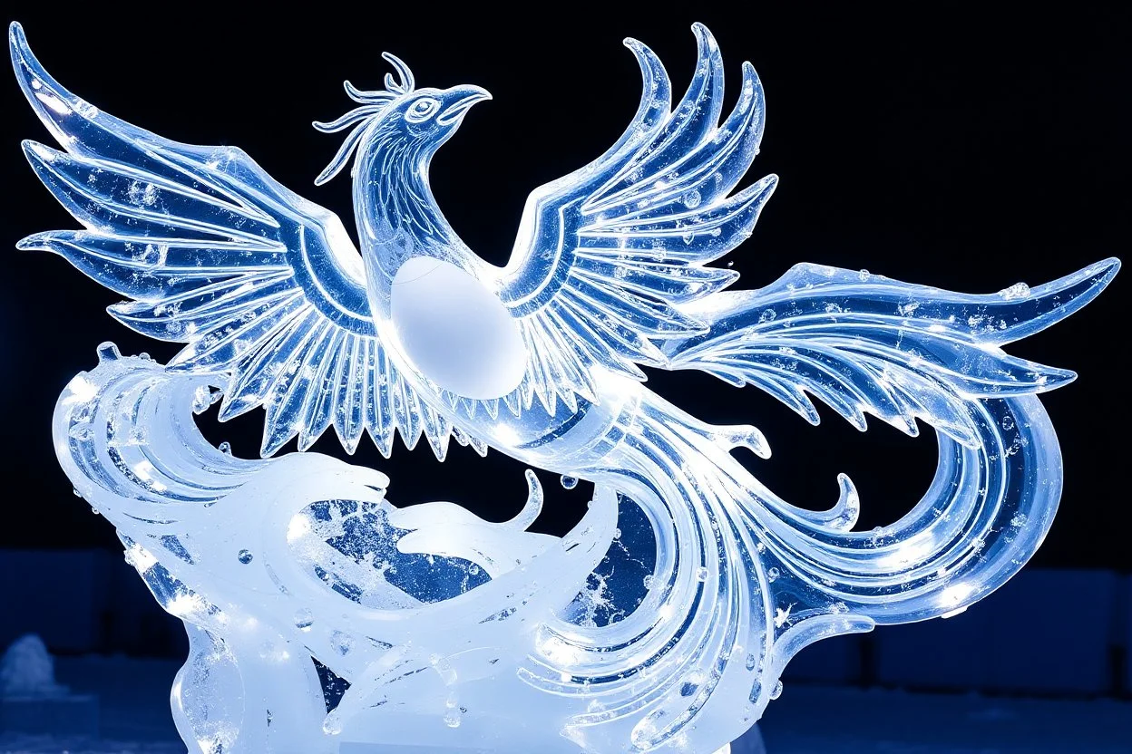 Insanely detailed ice sculpture transparent ice frozen phoenix frozen in crystal clear ice, , ice explosion twisting Turning, swirling twirling ice sculpture, clear crystal ice