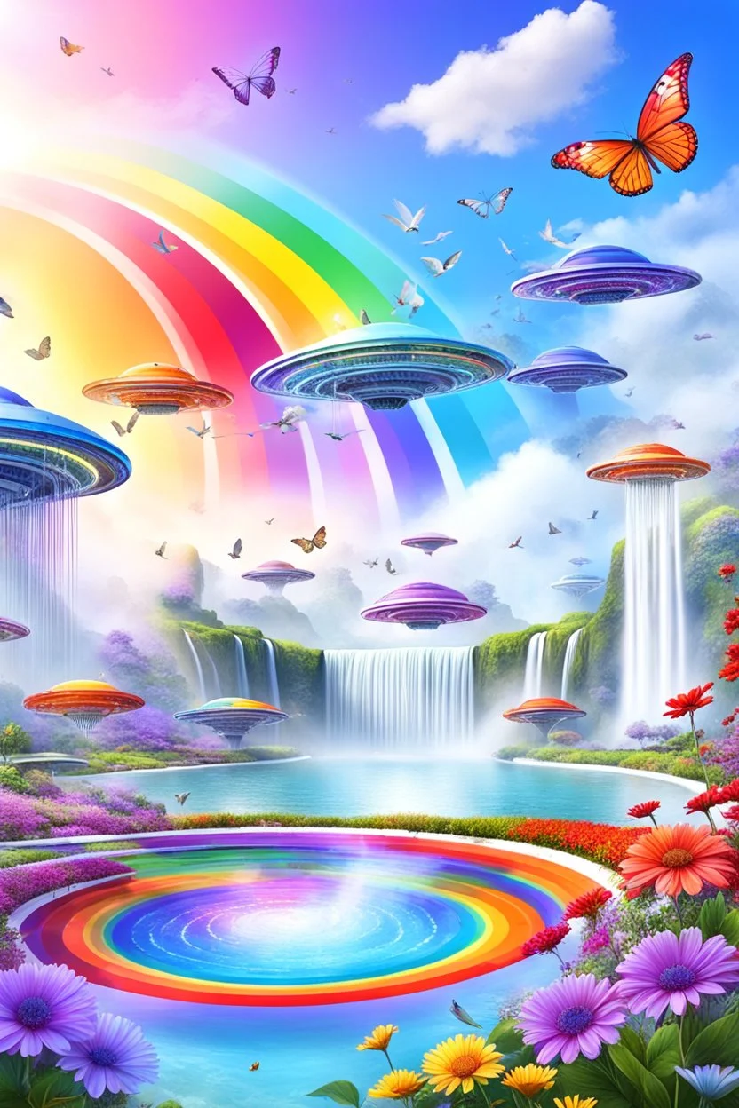 colors, very beautiful, flowers garden,rainbow, cité très futuriste ultra moderne, ufos rainbow, ufos fleet, intergalactic, birds, butterfly, cascades, falls