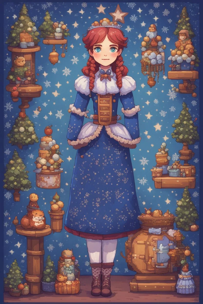 The nutcracker, a kind of girl with blue tones and patterns, stardew, valley style