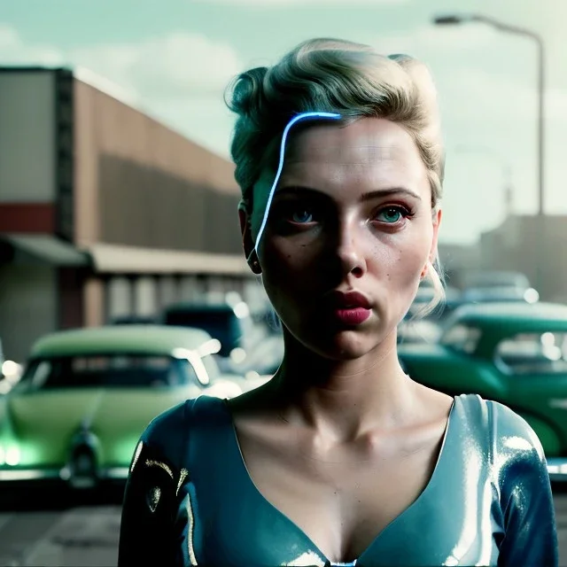 Ultra Realistic retro sci-fi movie burst Supermarket parking scene, 1960 year, waist up view portrait, blonde woman, sweet scarlet Johansson face, perfect iris, glow eyes, face makeup, tight latex coat; many panic people looking, Retro sci-fi style, soft color, highly detailed, unreal engine 5, ray tracing, RTX, lumen lighting, ultra detail, volumetric lighting, 3d, finely drawn, high definition, high resolution.