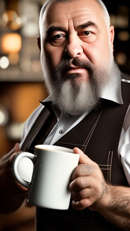 full figure photography of a turkish barman serving coffee, 62 years old, strong chubby man , bearded, in vest, shaved hairs, tattoo, serious eyes, photorealistic, Canon EOS, hyper-realistic, very detailed, emotive eyes, natural colours, sunlight