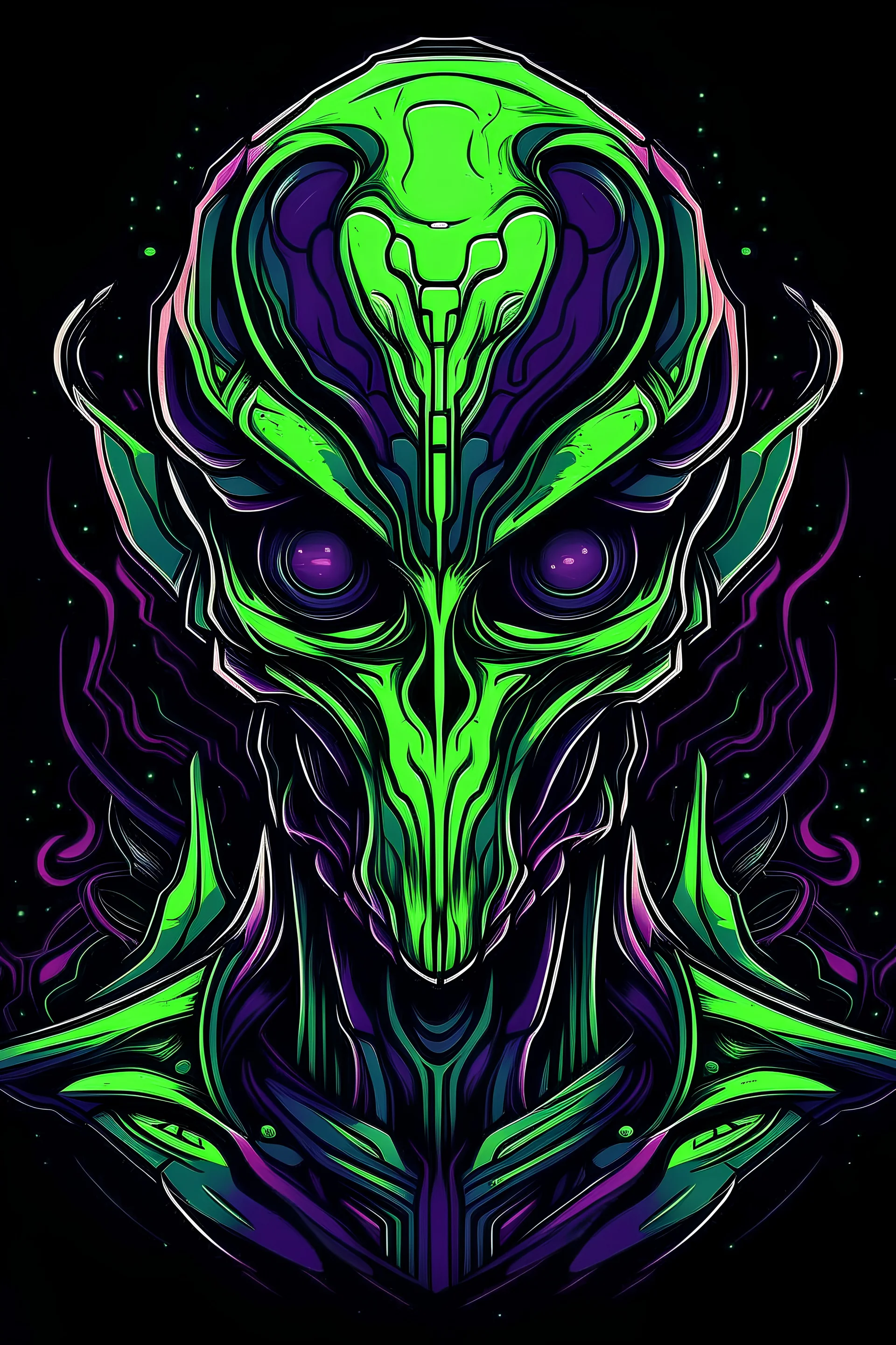 Vibrant Vector Art, Front View, alien soldier, green and purple lava veins, stylized, half body, half skin, black background, 100 eyes, wide face,