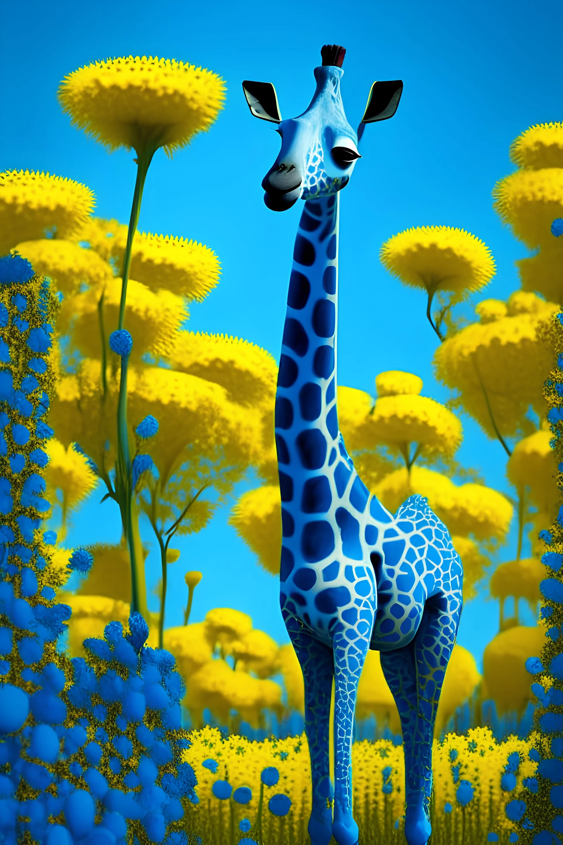 Blue giraffe in a yellow garden