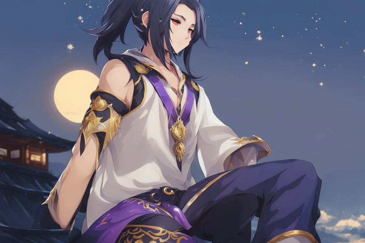 Xiao from Genshin Impact, highly detailed, intricate background, sitting on rooftop, contemplative