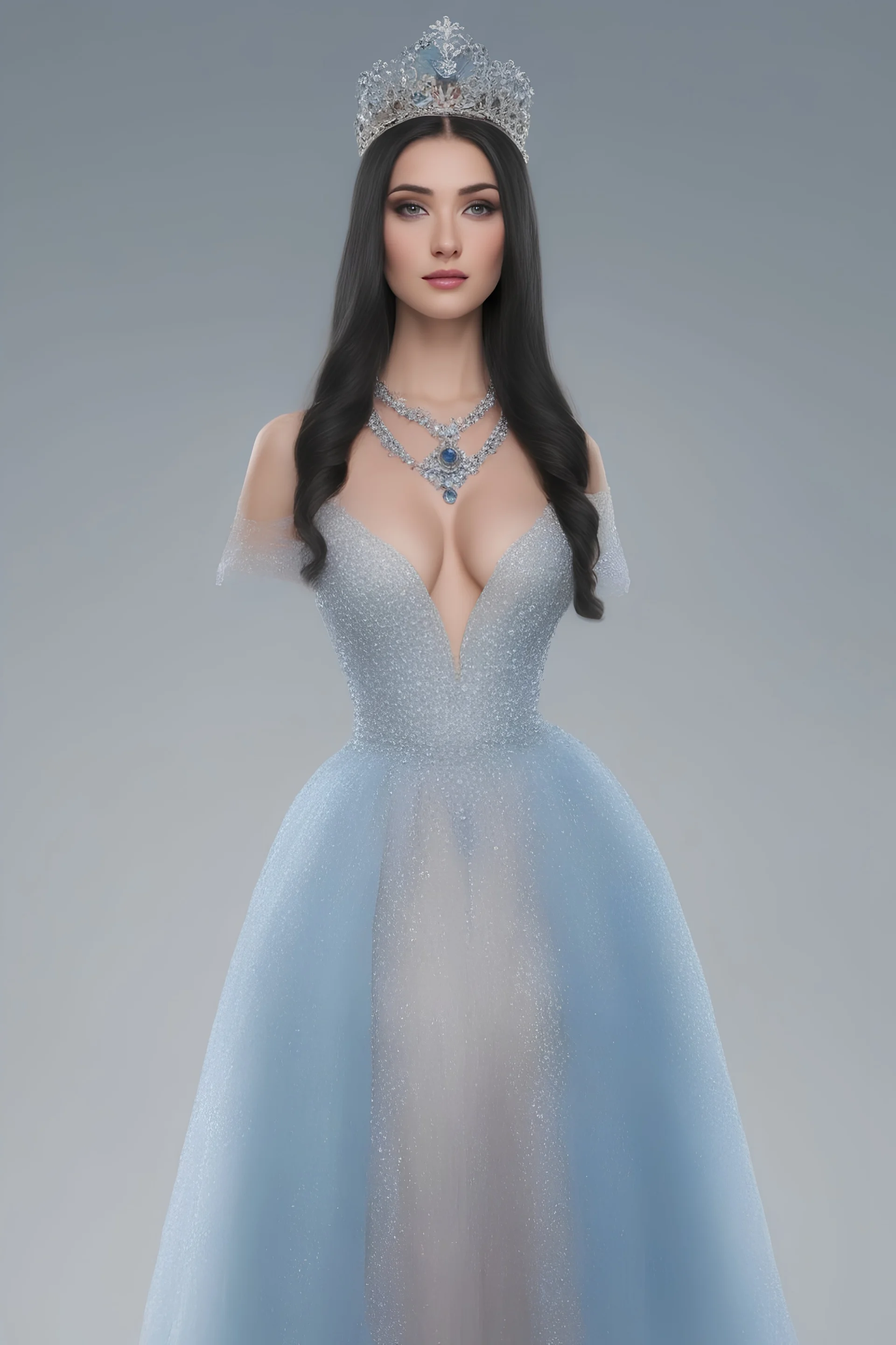 generate an image of a fake person that looks totally real, make them with long, straight black hair, blue eyes, well-endowed, wearing a jeweled tiara, a necklace with a heart-shaped ruby, transparent glass, slippers, and a light blue, cinderella ball gown with a plunging neckline.