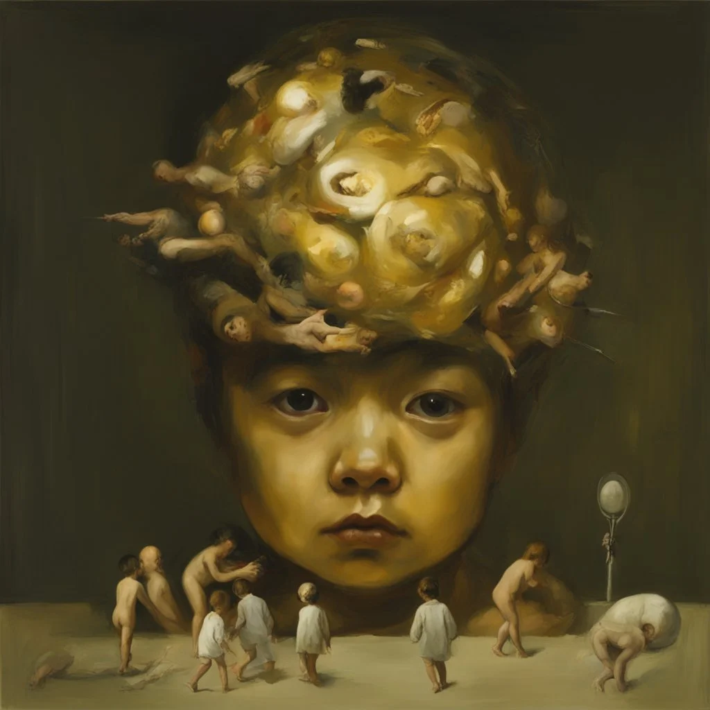 a huge golden brain supported by very small beautiful Asian female human bodies, complex surgical instruments mix a newborn boy between light and shadow, surrealism, symbolism, minimalism, sculpture by Adrian Ghenie, Lucian Freud, Rene Magritte, Salvador Dali