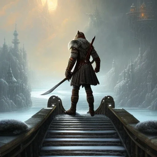 fantasy art, book cover, upper body of big shiny wizard with an axe in hand, in front of the ebony stairs of a bridge or dam ,icy water, on the bridge is a wolf, there is also a hawk sitting on his shoulder