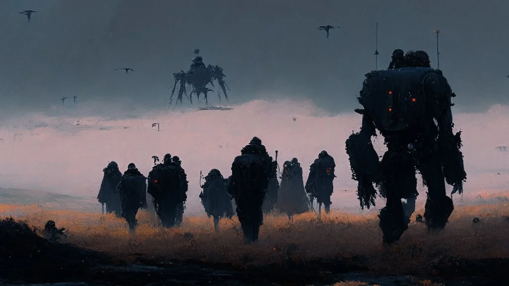 marching machine soldiers, creepy landscape, techno gothic visual composition, science fiction painting, Denis Sarazhin, Quint Buchholz, Simon Stålenhag, Neil Blomkamp, Christopher Shy, Alejandro Burdisio, RAW, gritty high contrast, atmospheric horror, unsettling art, dark palette, harsh colour