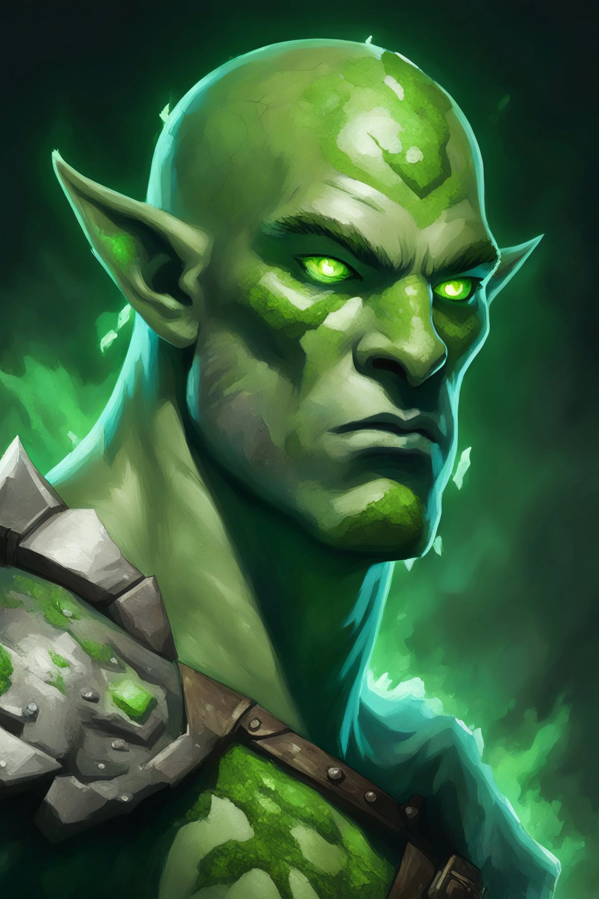 dungeons and dragons universe, a moss-covered male Earth Genasi barbarian, he is bald, he looks strong and powerful, glowing green eyes, skin looks like it is made out of stone itself with glowing green cracks within, no pointed ears, Jeff Easly art style