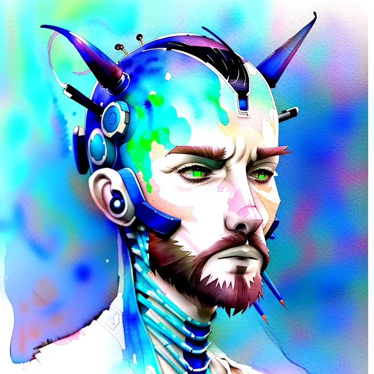 Male cypebpunk character connected to AI exploring other AI - Watercolour and Watercolour Painted Style - Jenny Rainey Style