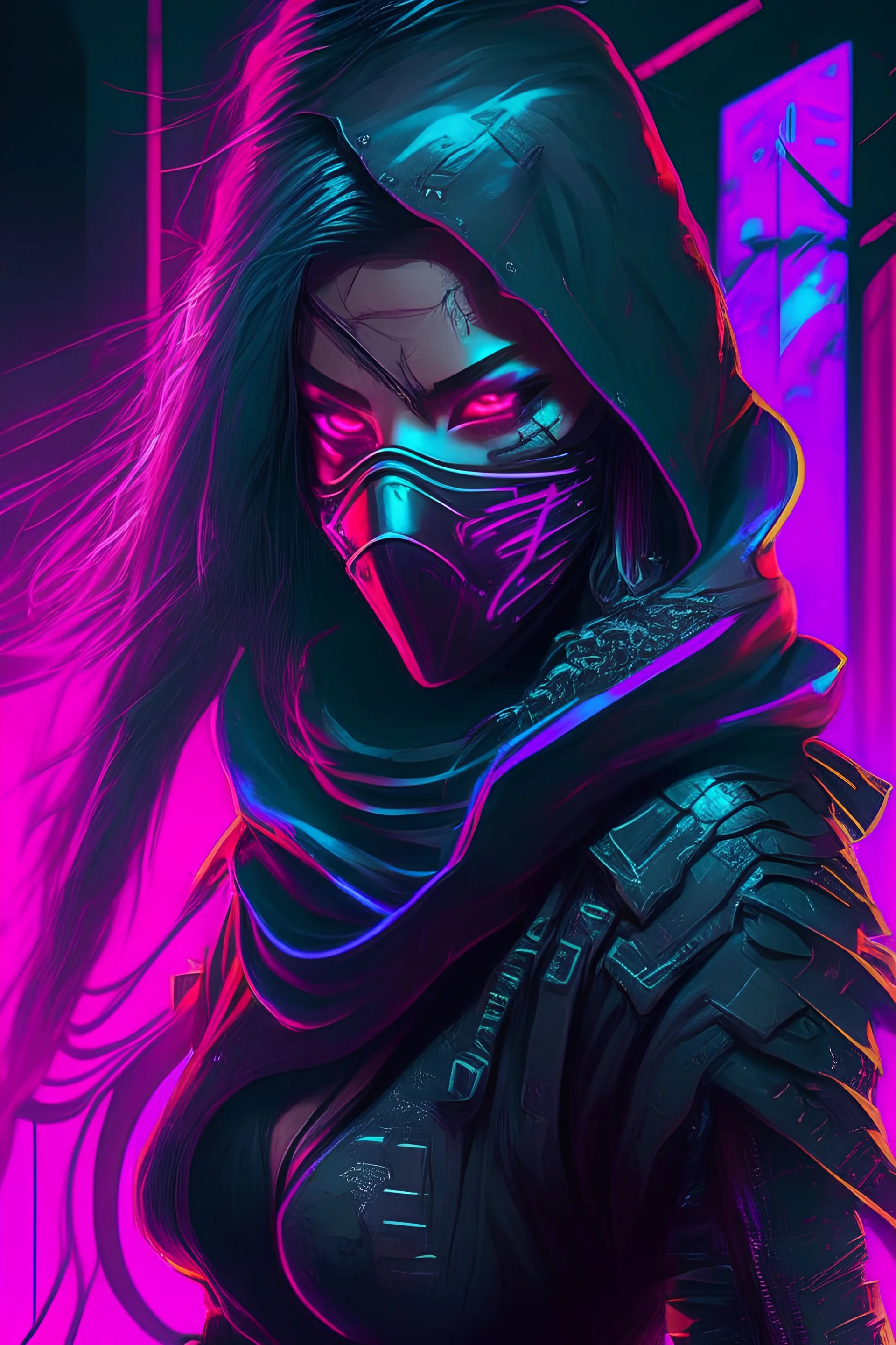 shadow ninja woman with cyberpunk and neon accents