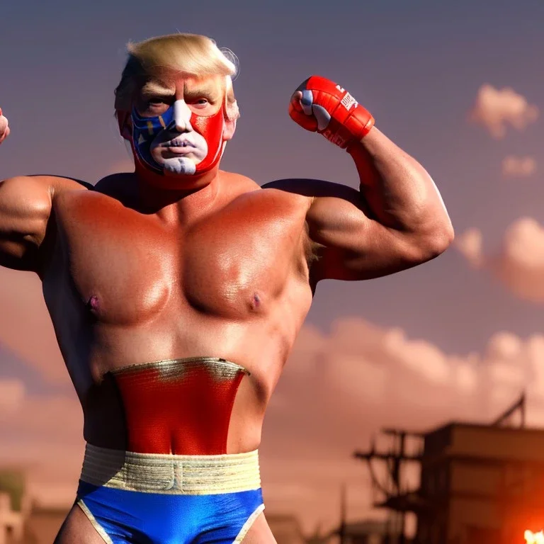 Realistic image of Donald trump wrestler, Mexican wrestling style, Mexican wrestling eyes mask, red and blue breeches, glow confederate flag dress, suspenders, retro style, 80s, vibrant color, highly detailed, sky background, concept art, unreal engine 5, god rays, ray tracing, RTX, lumen lighting, ultra detail, volumetric lighting, 3d, finely drawn, high definition, high resolution.