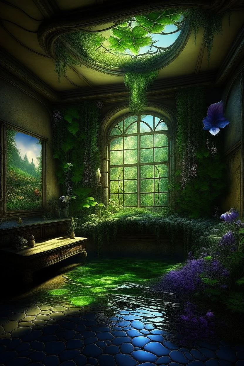 fantasy, gothic, vintage , fairy room ,open area without a wall,colorful petunia, lots of greenery, moss, ivy, morning light, near a stream, pond, blue wisteria, photorealistic painting, high detail, hyperdetalization, megarealism, surrealism, fractal, filigree, botanical fantastik, beautiful, aesthetically pleasing, saturated, exquisite, magically, gently, clear details