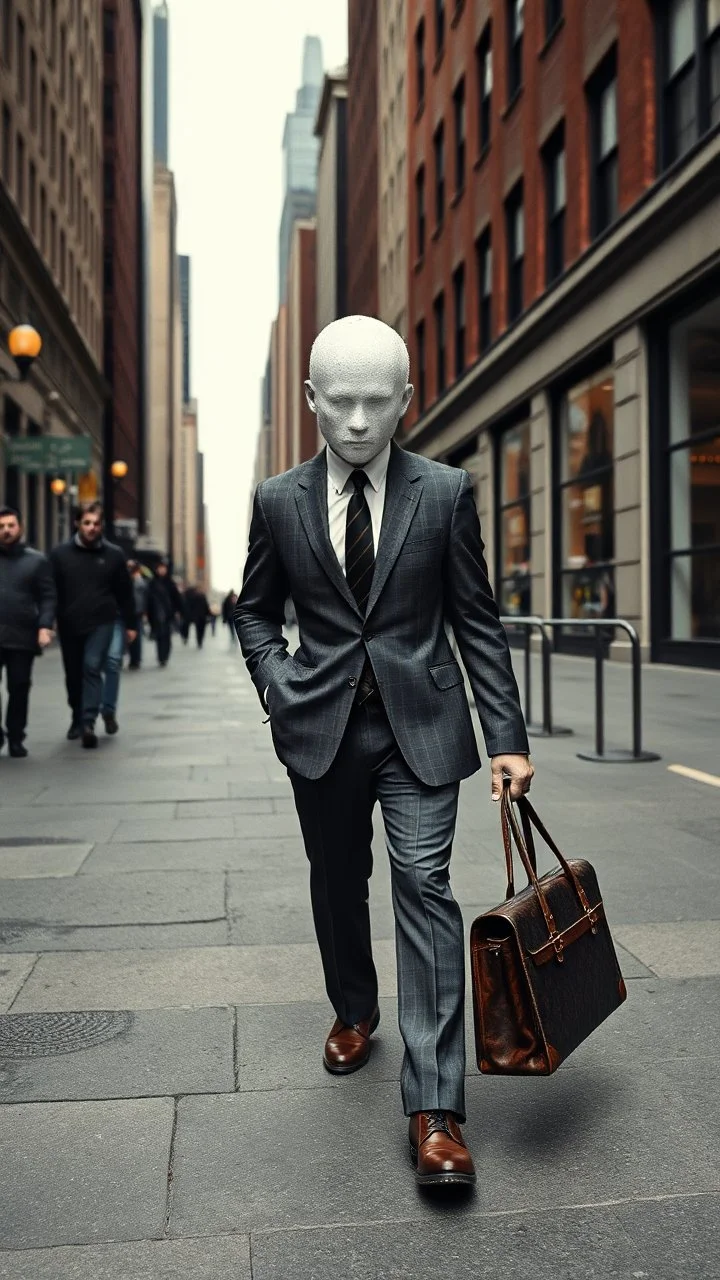 A man with suite carrying a business bag walking in the new York street , his head is a covered with white chalk with no eyes nose or mouth