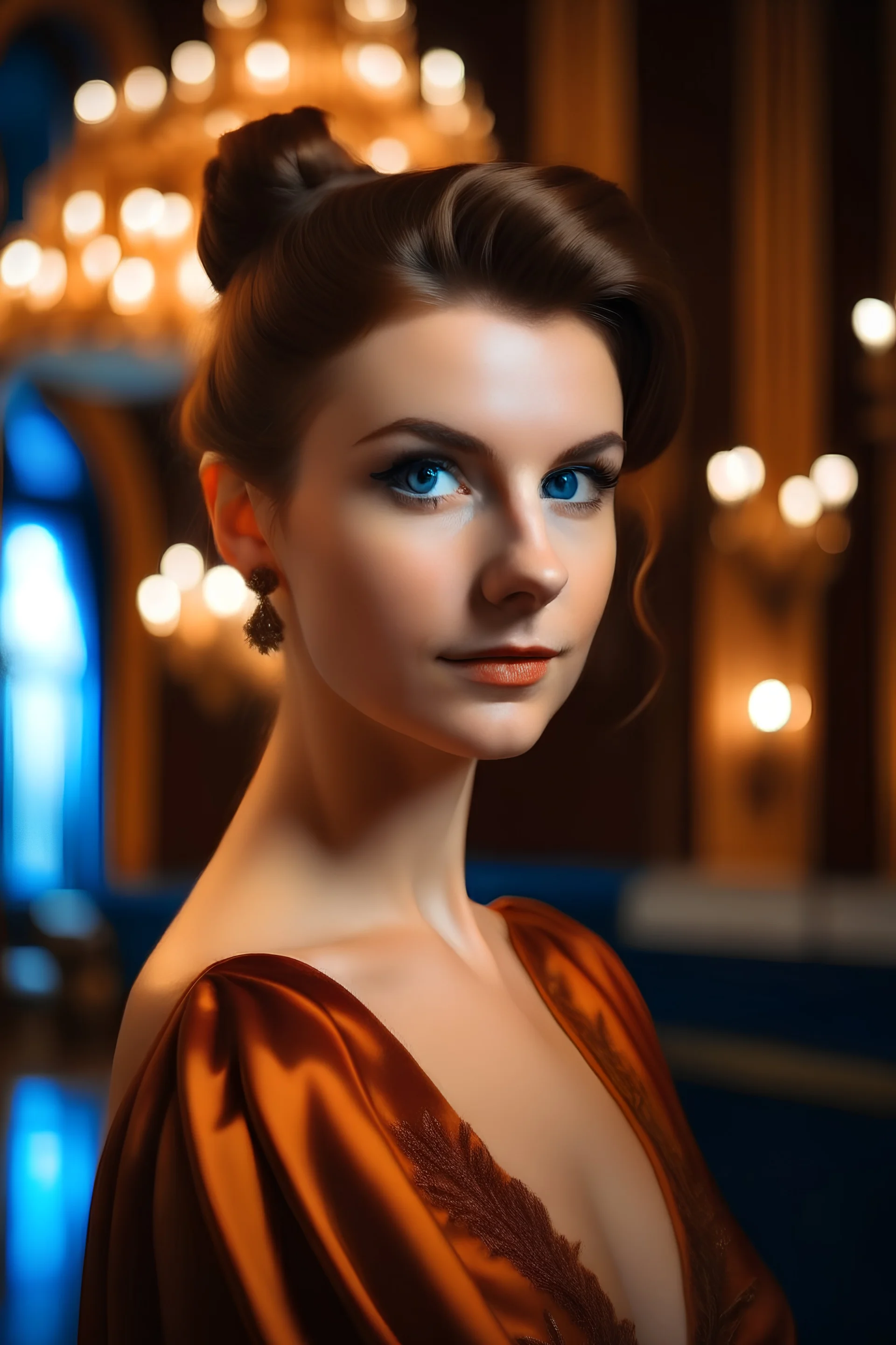 Portrait of a young woman, brown updo hair, blue eyes, wearing a fire gown, background royal ballroom