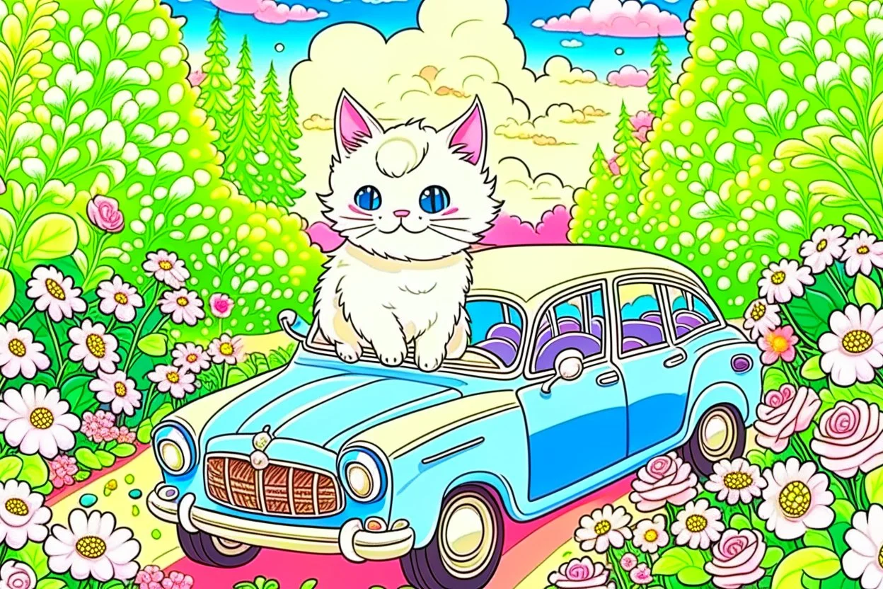 a cute proud chibi fluffy beige cat driving a car made of flower buds: roses, forget-me-nots, hydrangeaes on a cobblestone road in a forest next to a pond in sunshine