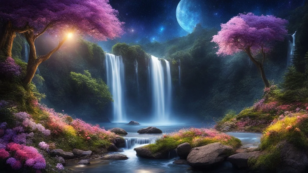 beautiful fairy land in space,night lights,flowers,river,waterfall,trees