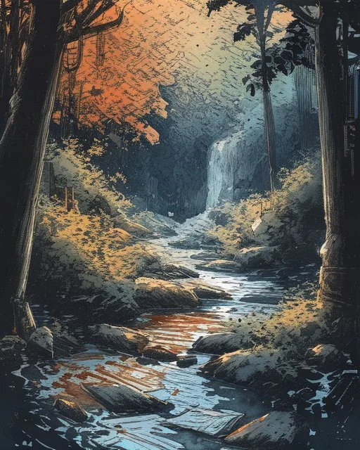 Perchance : Surreal, expressive nature sketch in a relaxed watercolor and ink style. Fast, shaky black ink contour lines with frequent breaks, intersections, and varying thickness. Watercolor washes of ochre, terracotta and powder blue are loosely applied, often deliberately misaligned with ink borders to create a sense of movement. Visible cold pressed paper texture and ample white space. Subject: forest detail, trees, undergrowth, stream with rocks, waterfall. Deep, atmospheric shadows in the