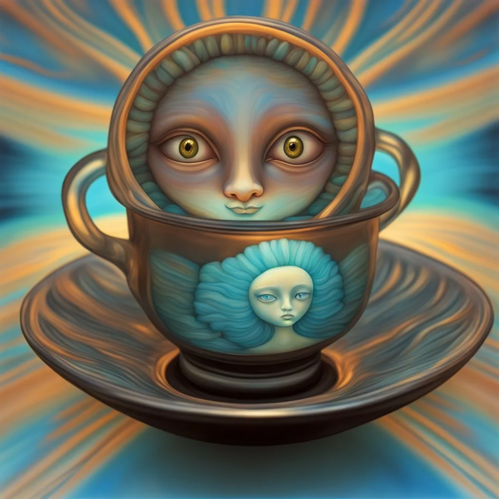 3D Shading psychedelic fluid by artist "Margaret Keane", glowing 3d symmetrical face in glass cup, larimar nacre bismuth, by artist "Shaun Tan"