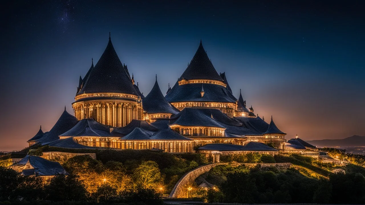 2084, delightful, sensitive, confident, undulating sinusoidal castle with hyperbolic roofs, delicate, night, darkness, exquisite architecture, innovative design, award-winning photograph, beautiful composition, filled with beautiful detail, delicate colour, chiaroscuro