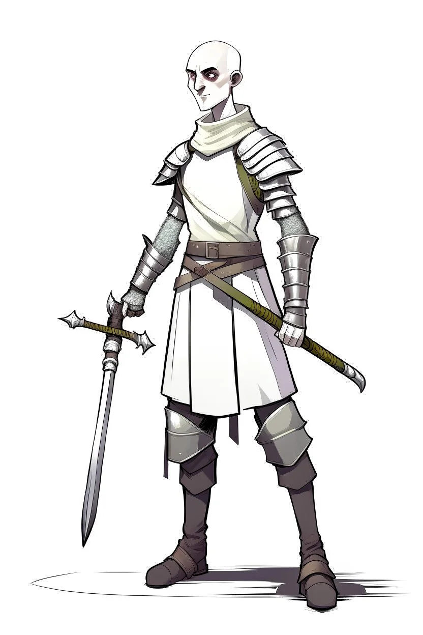 full length, friendly, tall 22-year old, shaved head, grey-eyed female cleric wearing scale mail with a sickle