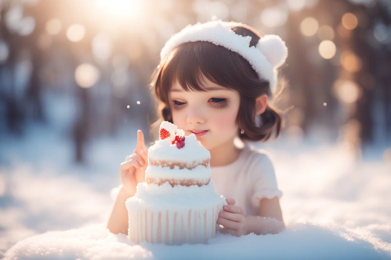 cute brunette chibi girl eating white snowcake in sunshine ethereal, cinematic postprocessing, bokeh, dof